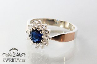 Женское серебряное кольцо с золотом синим фианитом, фото